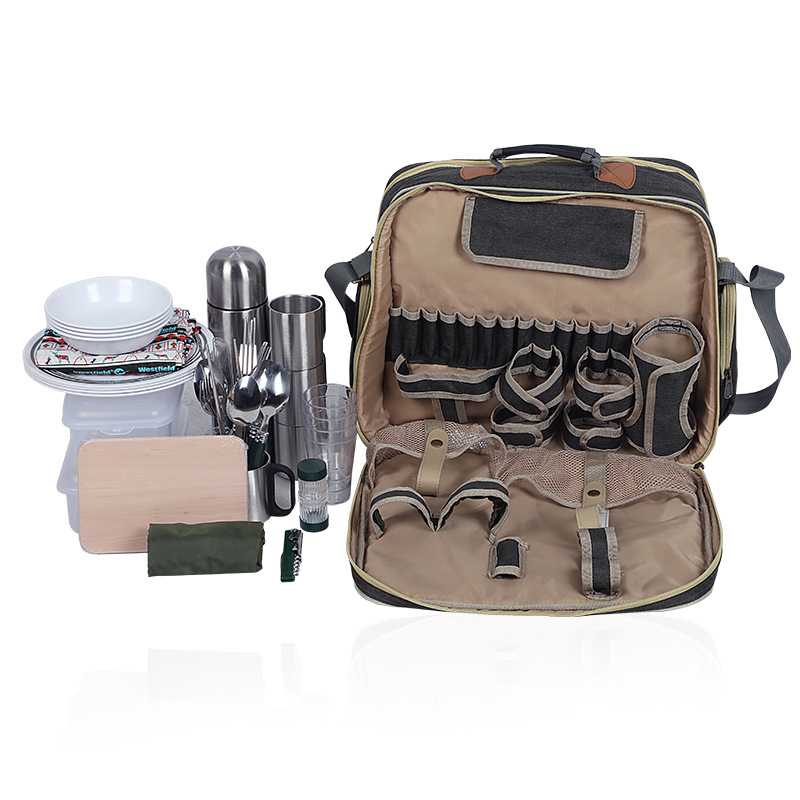 Camping Cooking Dishes - Tragbares Luxus-Camping-Picknick-Geschirrset, Outdoor-Geschirrset mit isolierter Tasche,