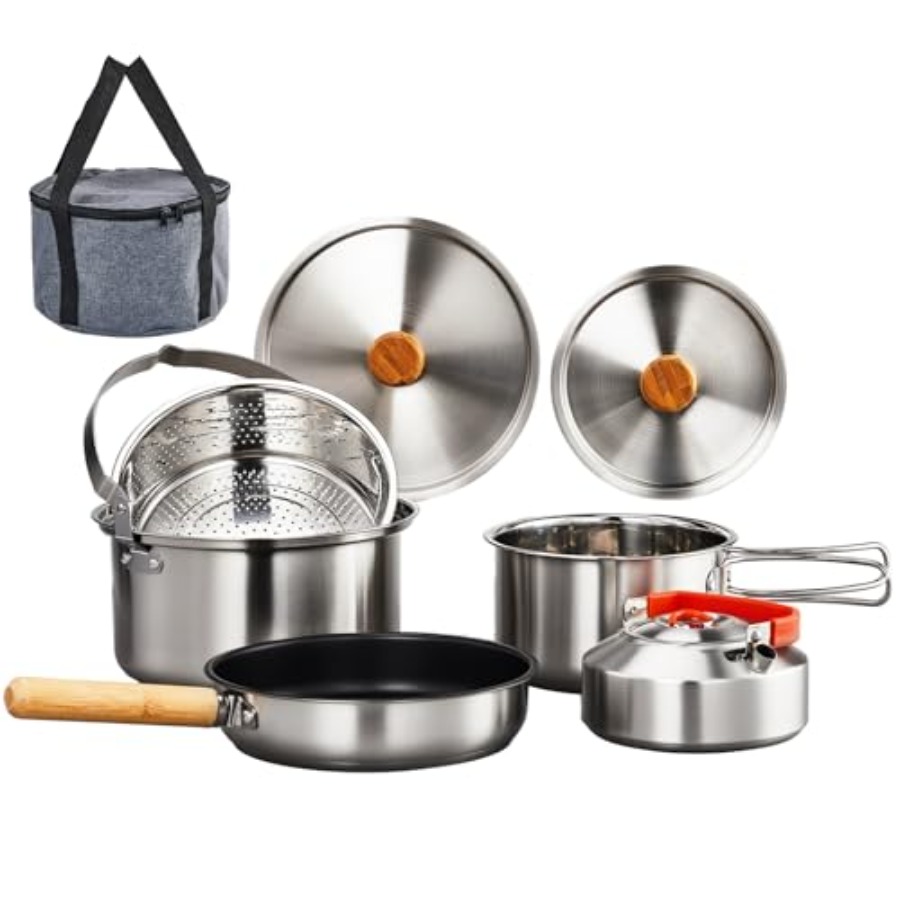 Camping Cooking Set With Bag - Camping-Kochgeschirr-Set, Leichtes Edelstahl-Kochset mit Tragetasche für