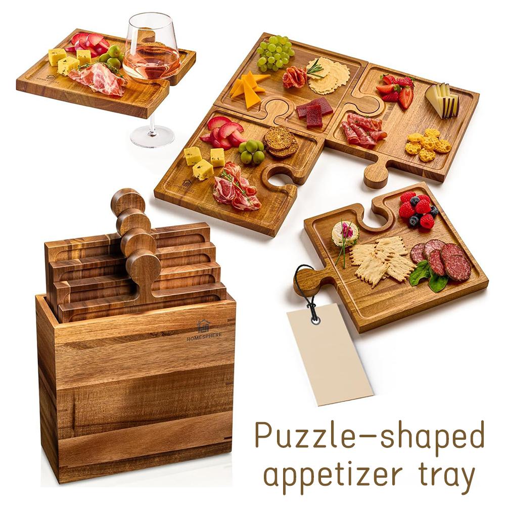 Camping Cooking Tool Set - Holz-Puzzle-förmiges Vorspeisen-Tablett Vierteiliges Set Servierbrett für