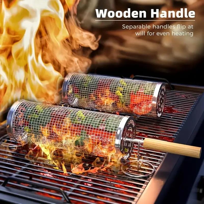 Camping Cooking Bbq - Edelstahl BBQ-Grillkorb, Runder Rollender Zylinderkäfig, Drahtgeflecht